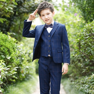 男孩礼服小孩男童西服三件套格子